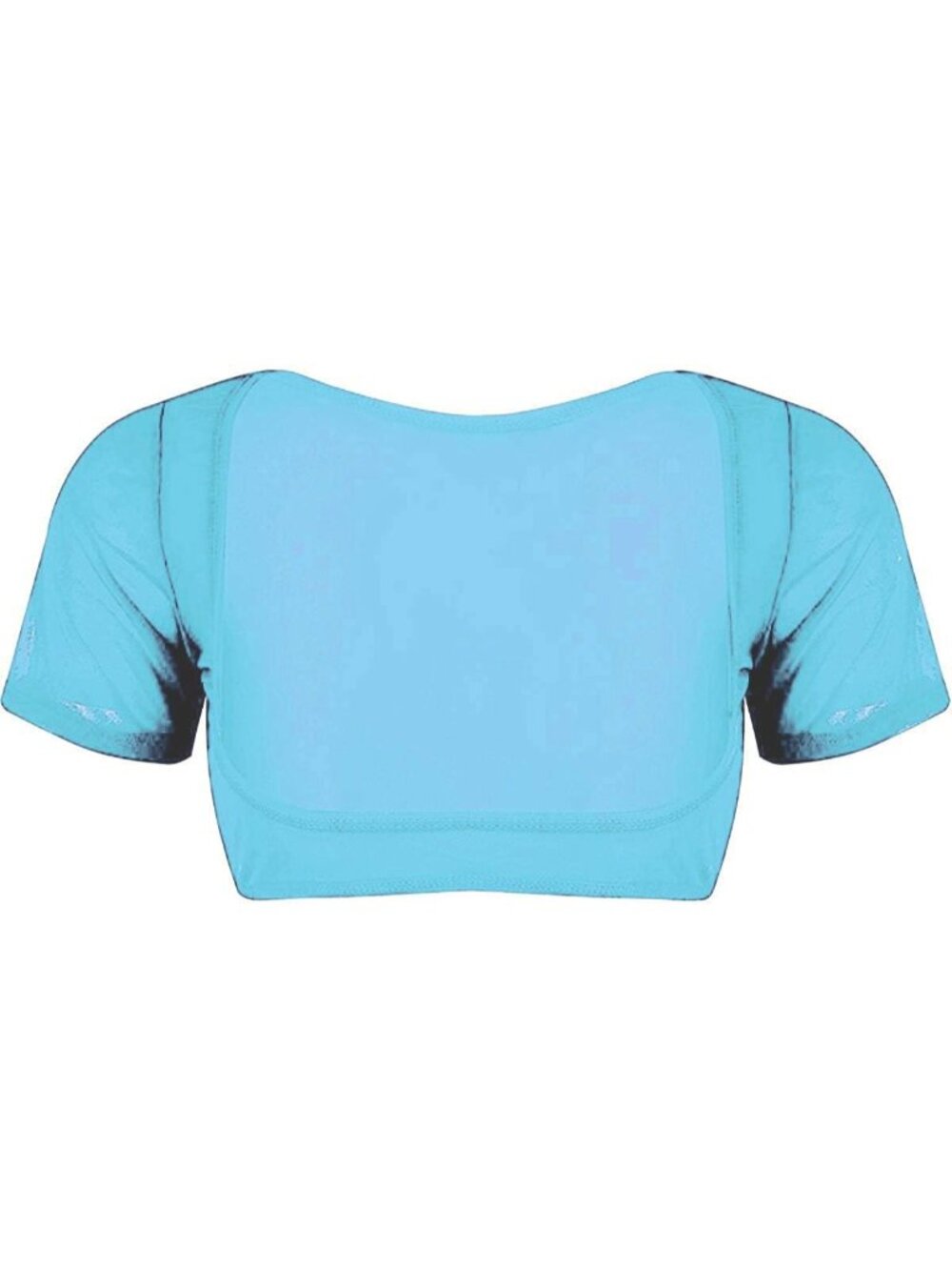 Women's Cyan Mesh Open Bust Short Sleeve Spandex Belly Dance Crop Top